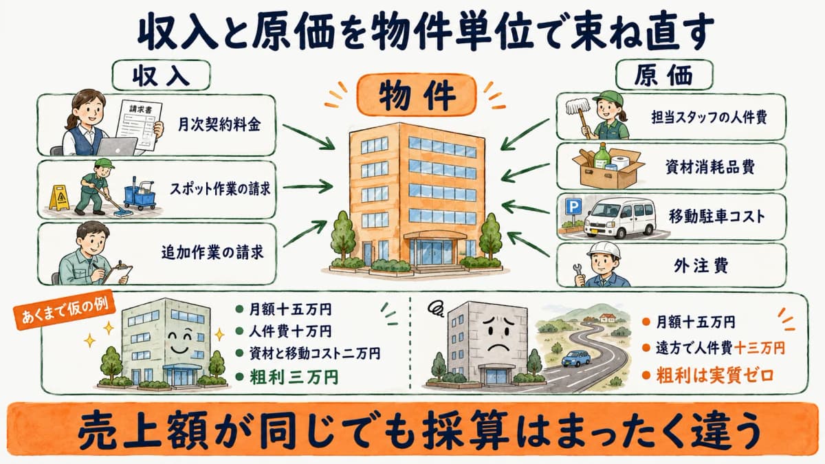 物件単位で収入と原価を紐付ける考え方を示す図