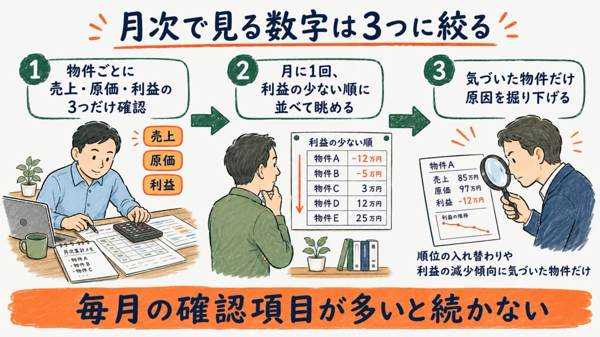 月次で物件別収支を確認する運用の流れを示す図