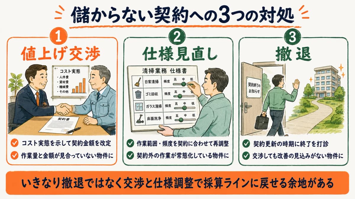 儲からない契約への3つの対処を示す図
