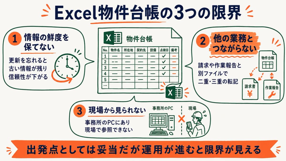 Excel物件台帳の限界を示す図