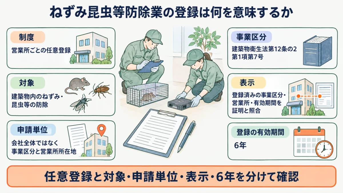 捕そ器と調査用トラップで防除業登録の対象を確認する図