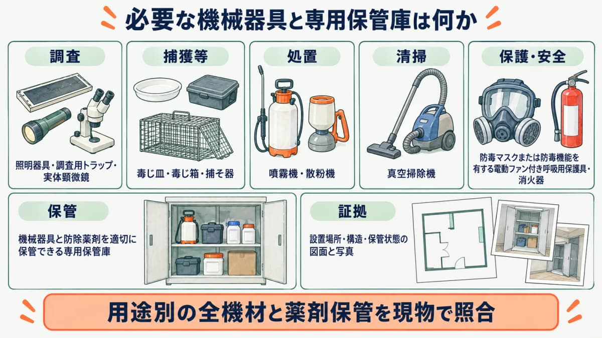 噴霧機と防毒マスクを薬剤の専用保管庫で確認する図