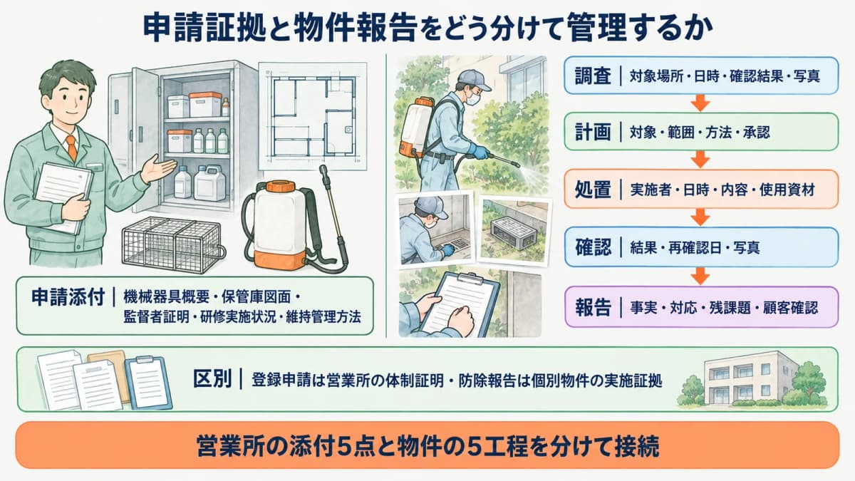 専用保管庫の図面と防除作業の写真報告を照合する図