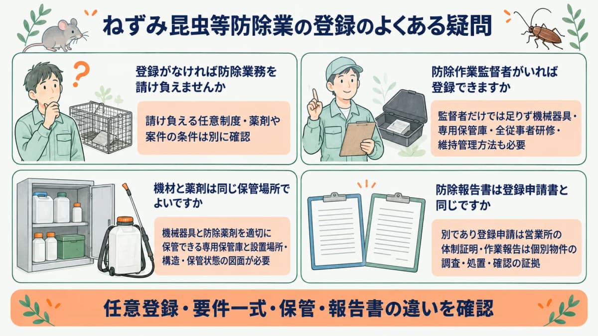 捕そ器と薬剤の専用保管庫で防除業登録を確認するFAQ図