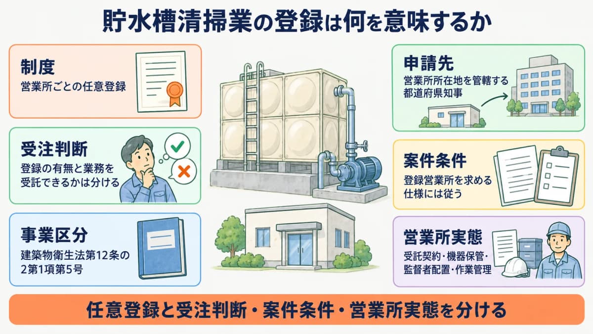 受水槽と揚水ポンプで貯水槽清掃業の登録対象を確認する図