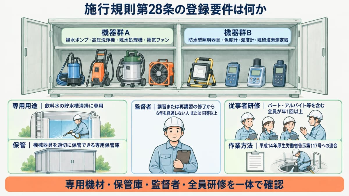 高圧洗浄機と換気ファンを専用保管庫で点検する図