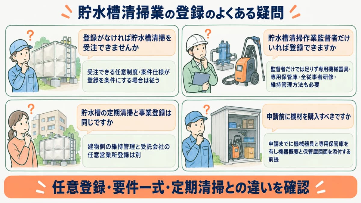 揚水ポンプと専用保管庫で貯水槽清掃業の登録要件を確認するFAQ図