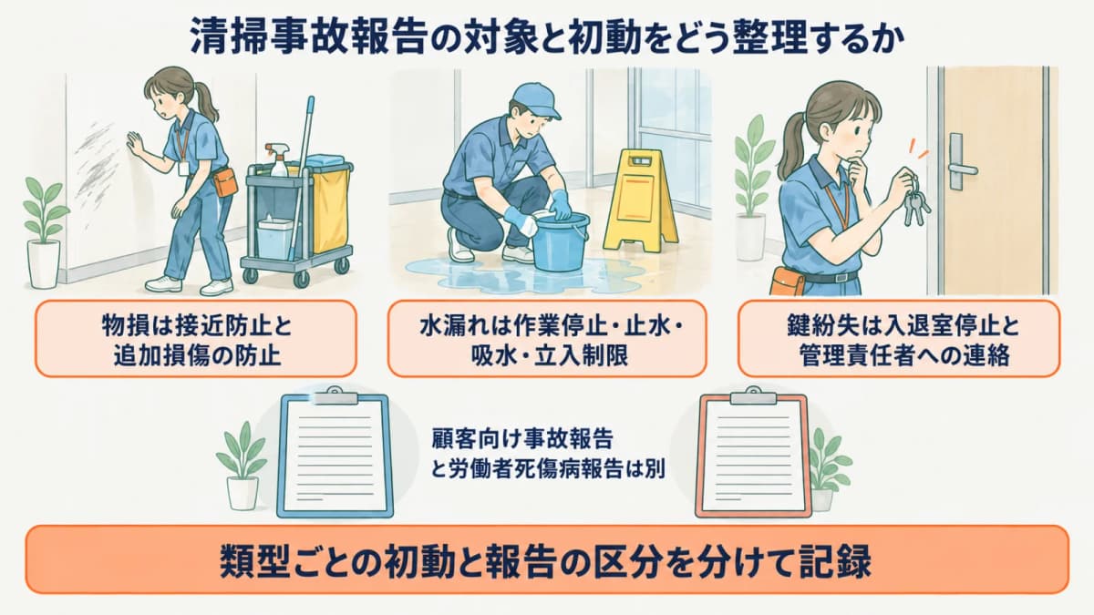 水漏れした床と鍵束を前に清掃事故の報告対象を整理する図