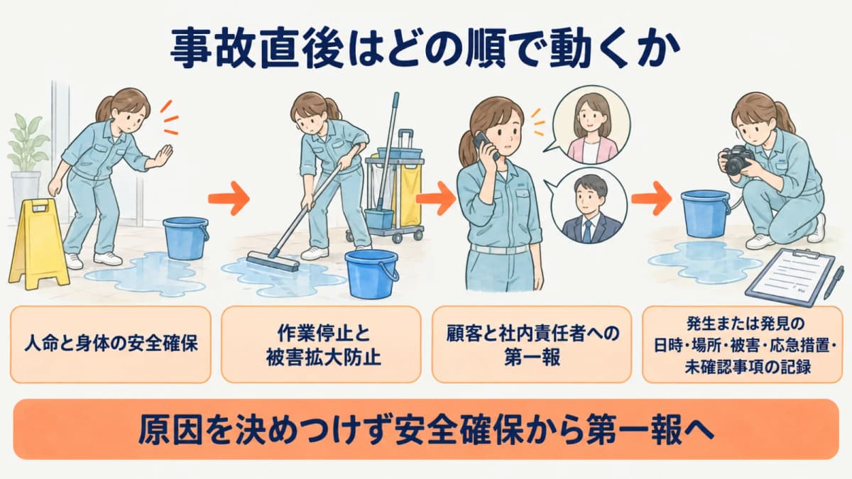 水漏れした床で安全確保から第一報までを順に進める図