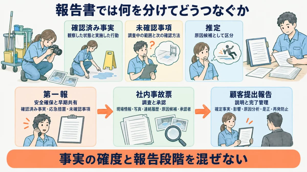 カメラと清掃カートのそばで事実と推定を分けて事故報告書を作る図