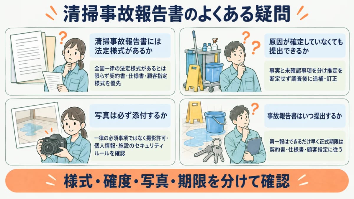清掃事故報告書の法定様式の有無と写真・提出時期を確認するFAQ図