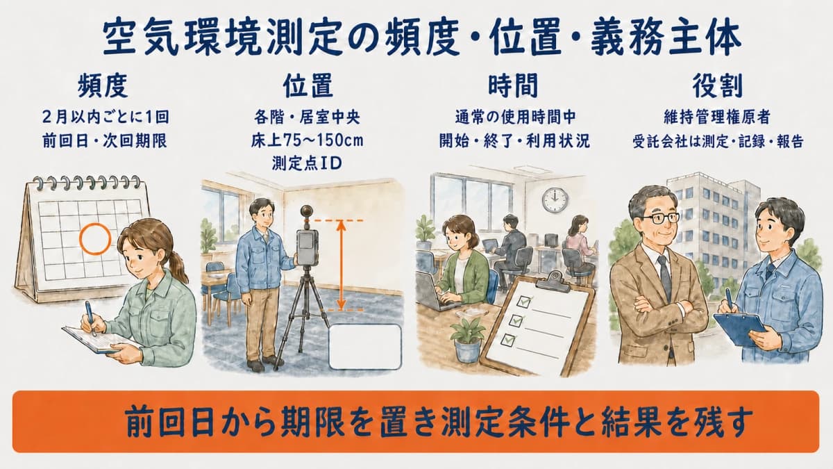 空気環境測定の頻度・位置・義務主体と受託会社の役割を示す早見表