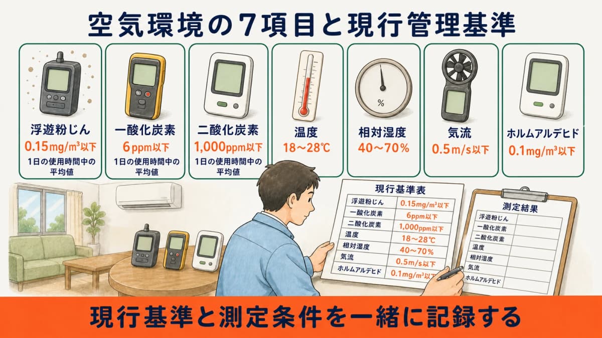 空気環境の7項目と現行管理基準・測定条件を示す一覧