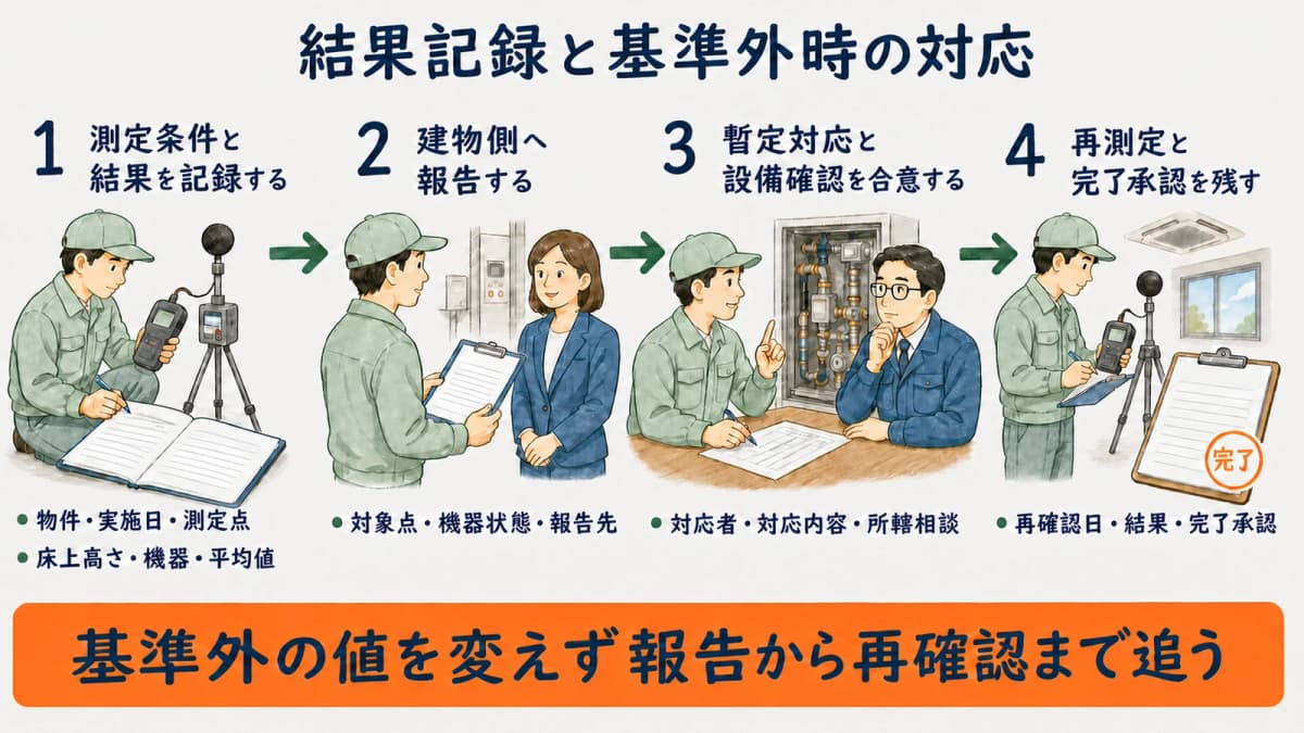測定条件・結果を記録し基準外を報告・是正・再確認へつなぐ流れ
