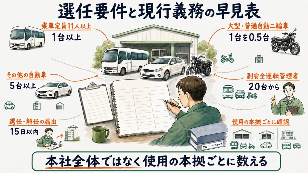 安全運転管理者の選任要件・台数換算・現行義務を示す早見表