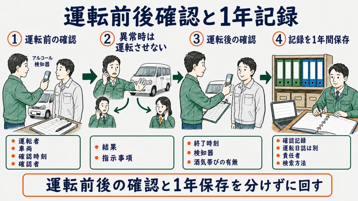 運転前後の酒気帯び確認・検知器・記録保存・運転日誌を分ける図