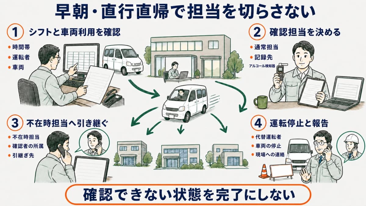 早朝・直行直帰・複数拠点で管理者と確認担当を切らさない運用図