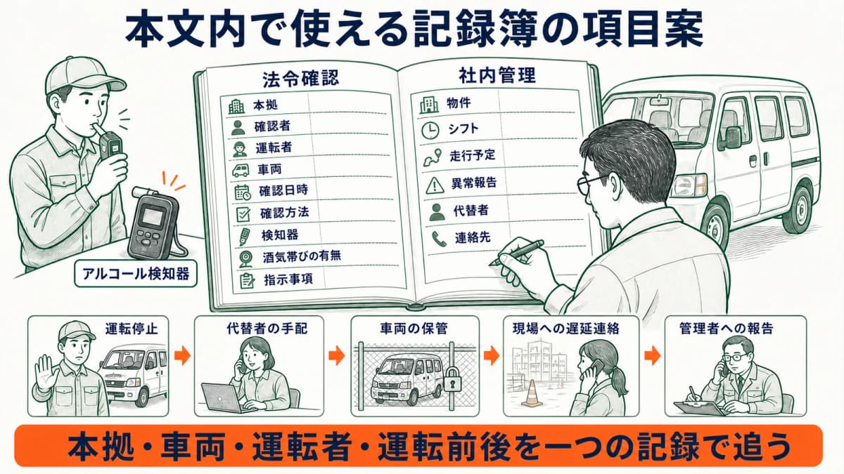 本拠・車両・運転者・運転前後・異常時措置を記録する項目案
