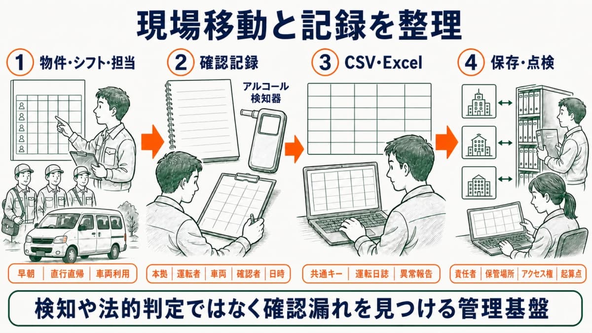 物件・シフト・担当から確認記録のCSV・Excel保管へつなぐ図