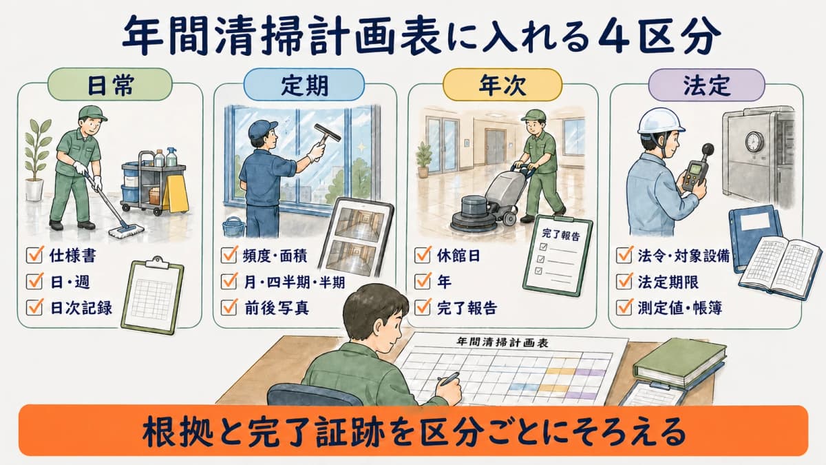 日常・定期・年次・法定の4区分と管理項目を示す早見表