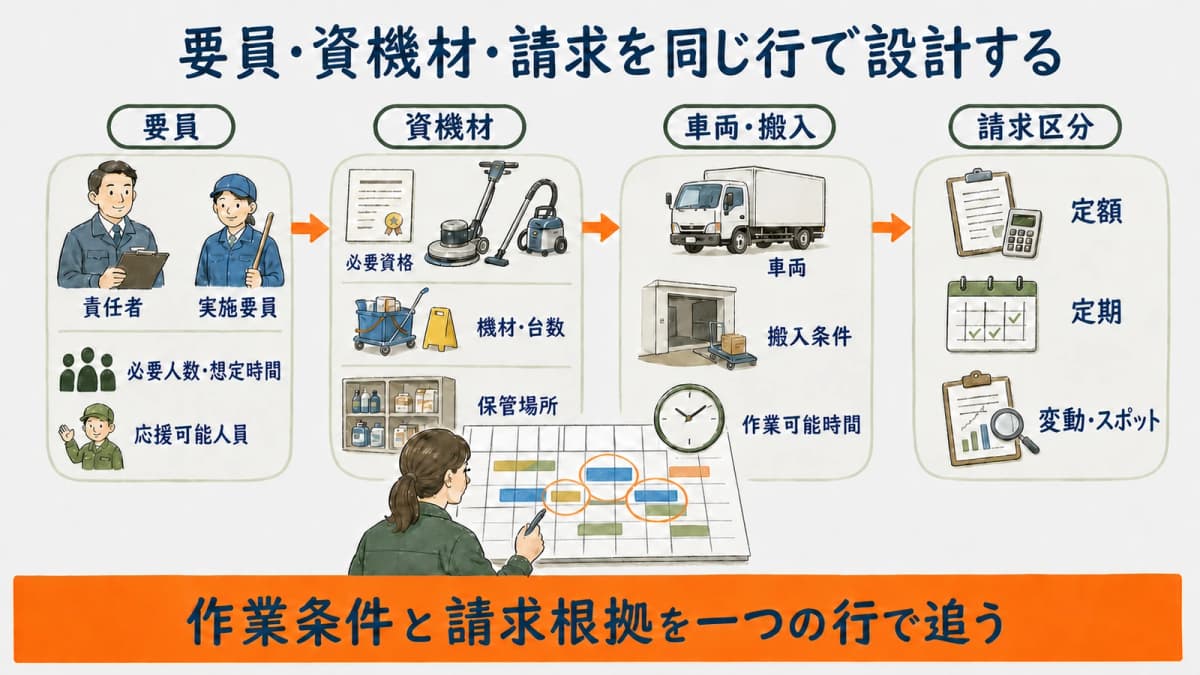 作業ごとの要員・資機材・請求区分と重複調整を示す対応表