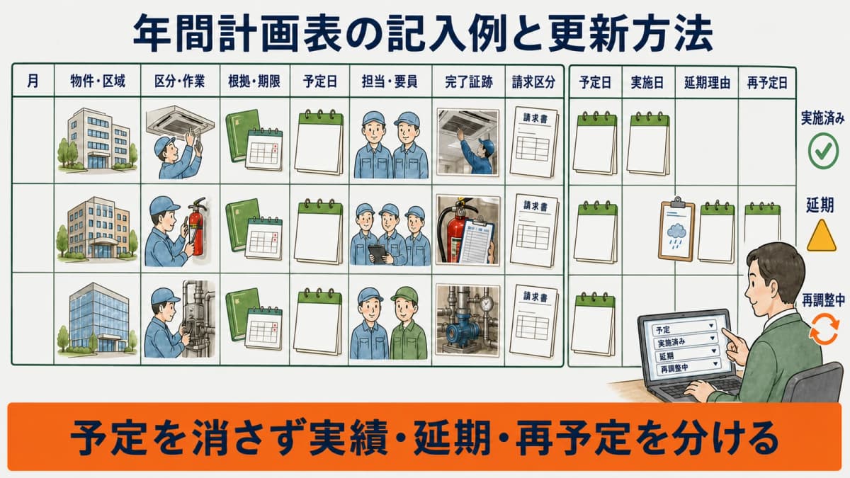 年間計画表の記入例と実施・延期・再予定の更新方法