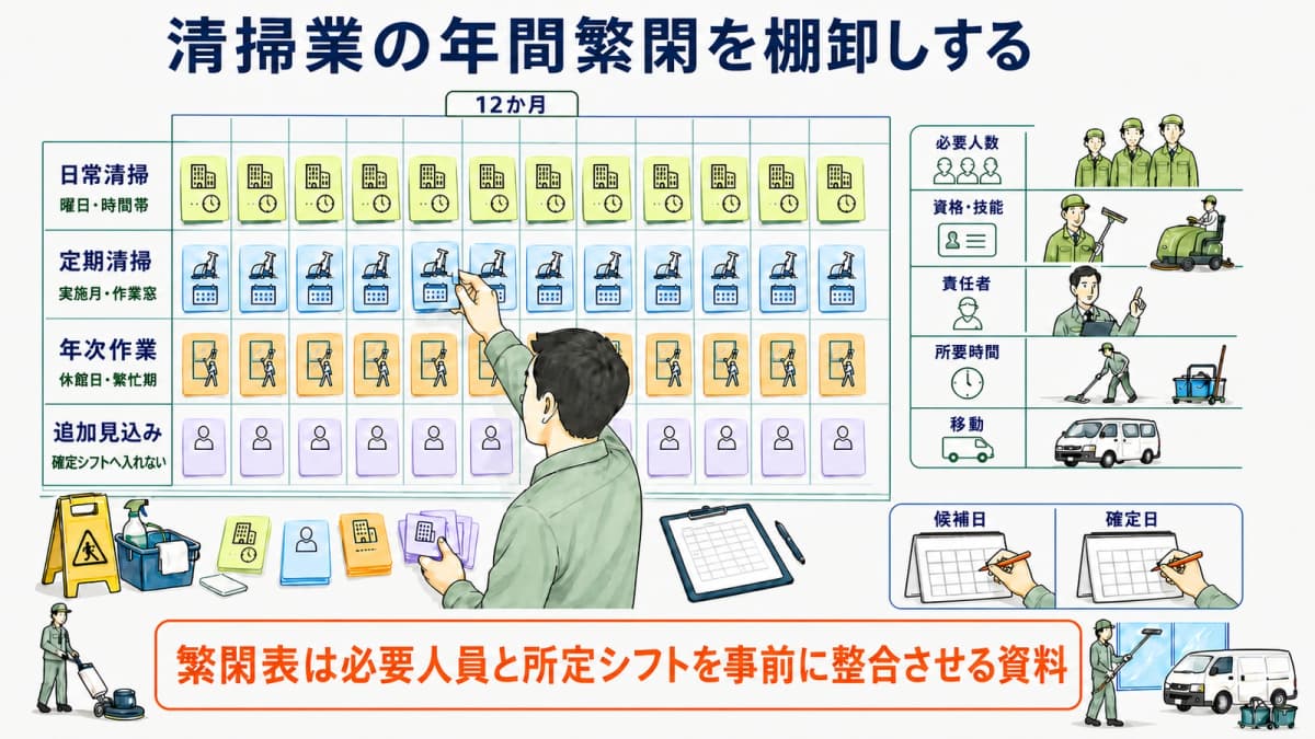 12か月に日常・定期・年次清掃を置き清掃シフトの繁閑を示す図