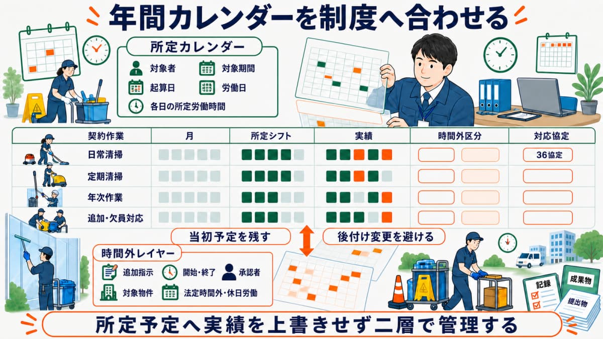 所定カレンダーと36協定の時間外レイヤーを二層で示す設計図