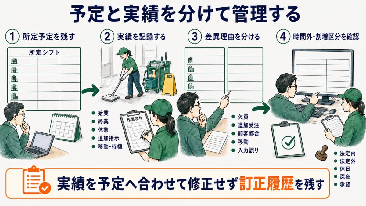 所定予定から実績・差異・時間外・割増区分を確認する流れ