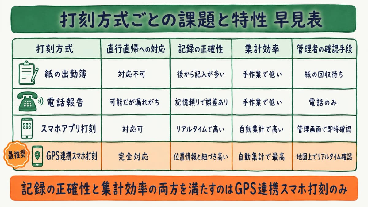紙・電話打刻の課題を打刻方式ごとに比較した図