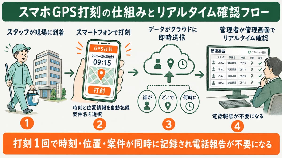 スマホGPS打刻の仕組みと管理者側のリアルタイム確認フローを示す図