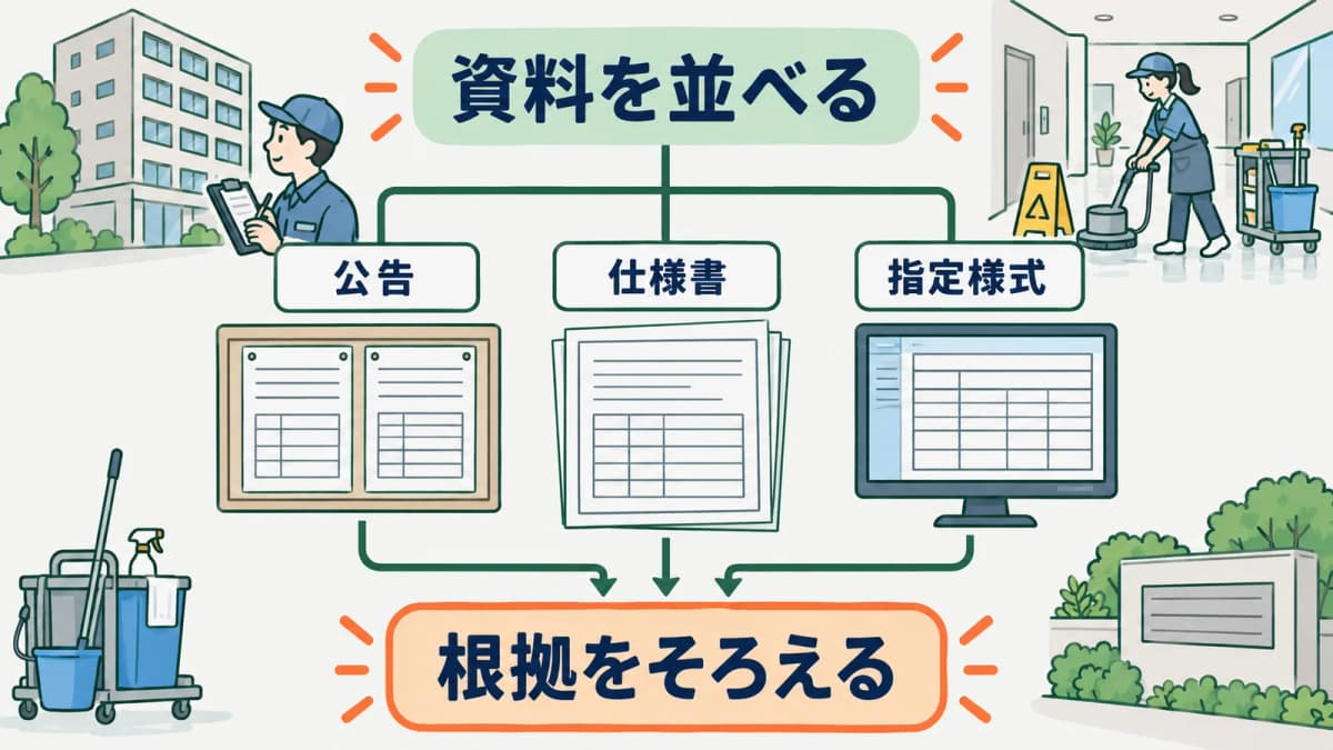 公告と仕様書と指定様式を確認する早見表