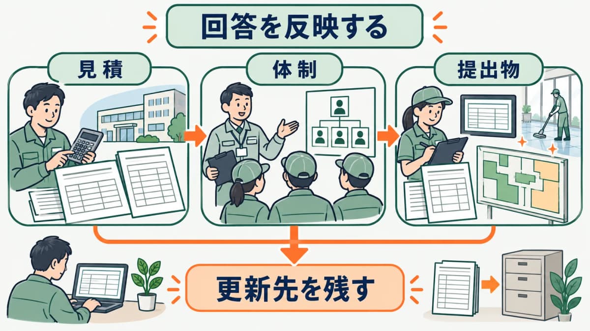 回答を見積と作業体制へ反映する流れ