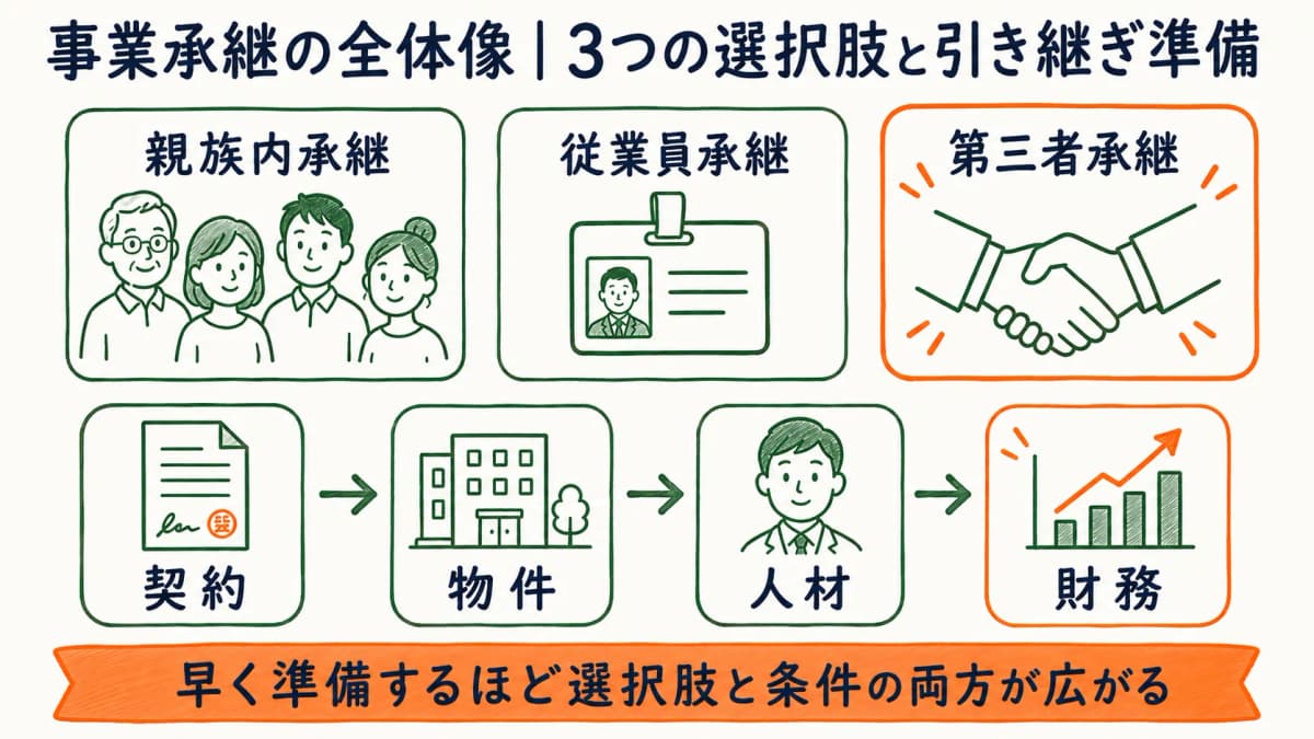 ビルメン・清掃会社の事業承継における3つの選択肢と引き継ぎ準備ステップを整理した図