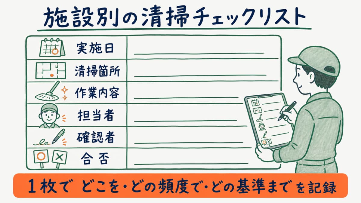 施設別の清掃チェックリスト様式と点検項目のイメージ