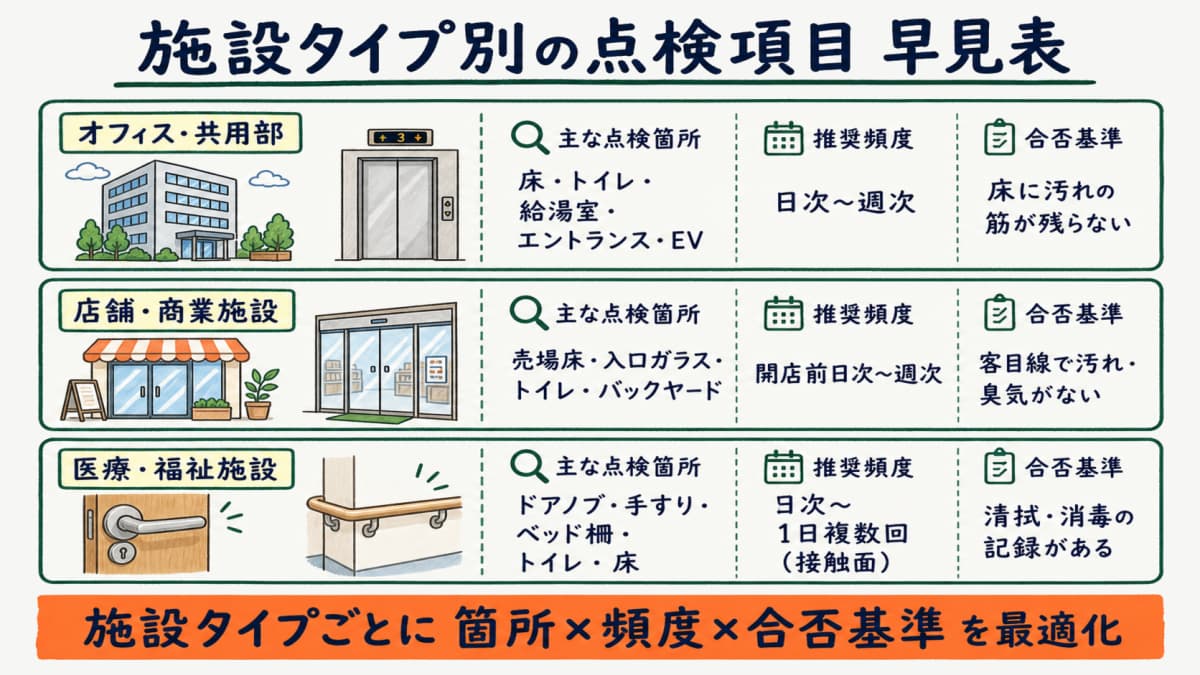施設タイプ別の清掃点検項目と頻度を一覧化した早見表のイメージ