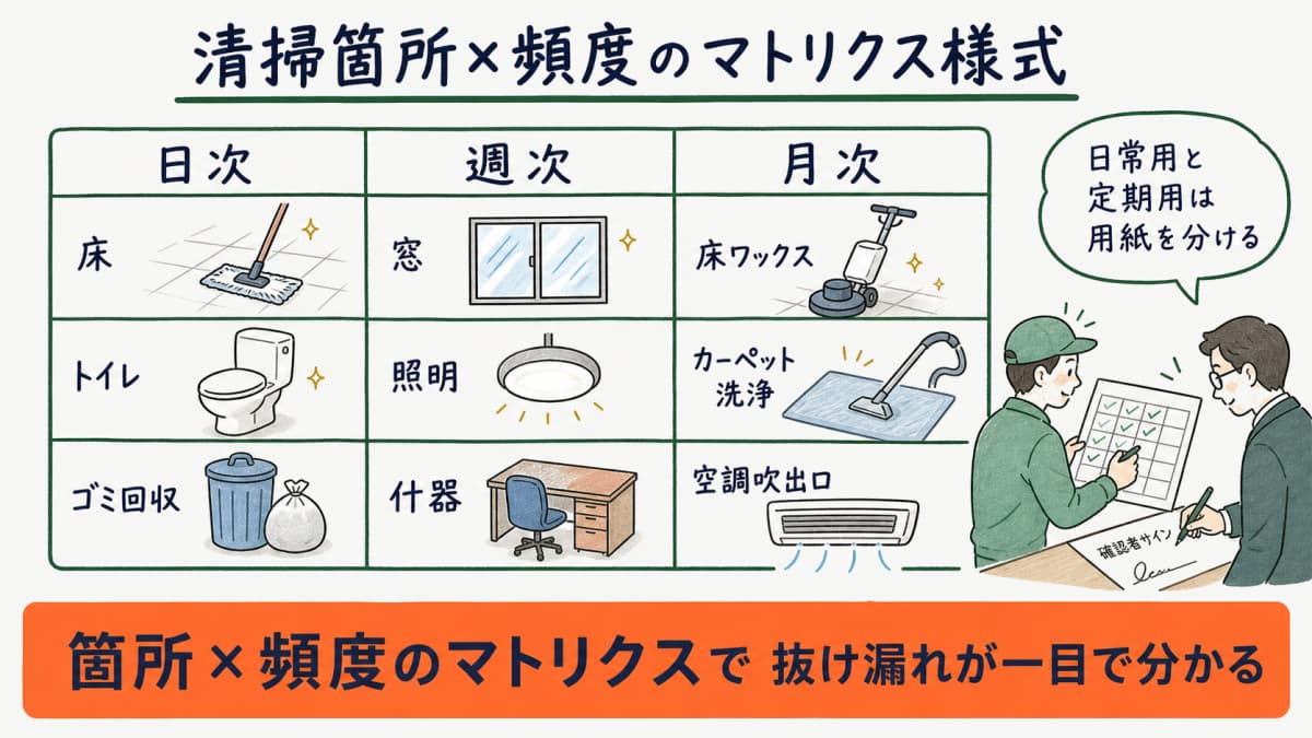 清掃箇所と頻度を掛け合わせたマトリクス様式の設計イメージ