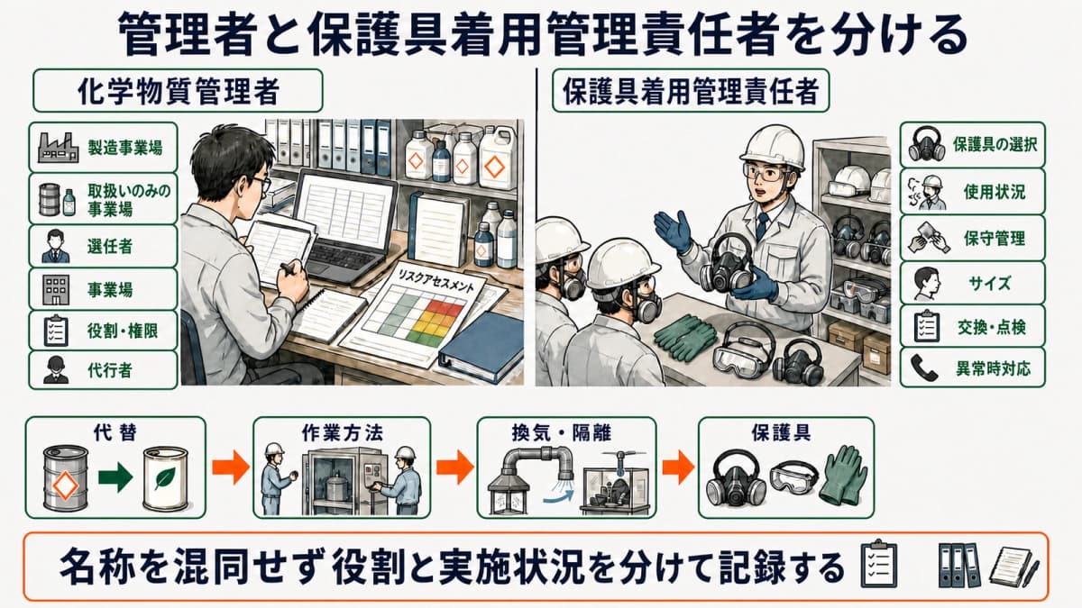 化学物質管理者と保護具着用管理責任者の条件・役割を分ける比較図