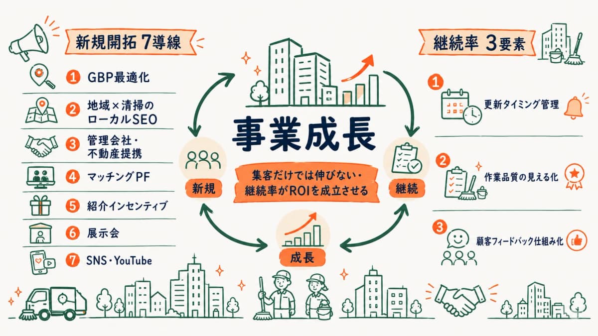 清掃会社の法人営業導線と継続率強化の全体像を示す図