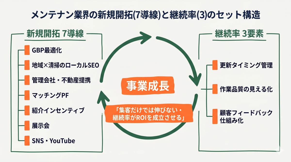 清掃会社の法人営業導線と継続率強化の全体像を示す図