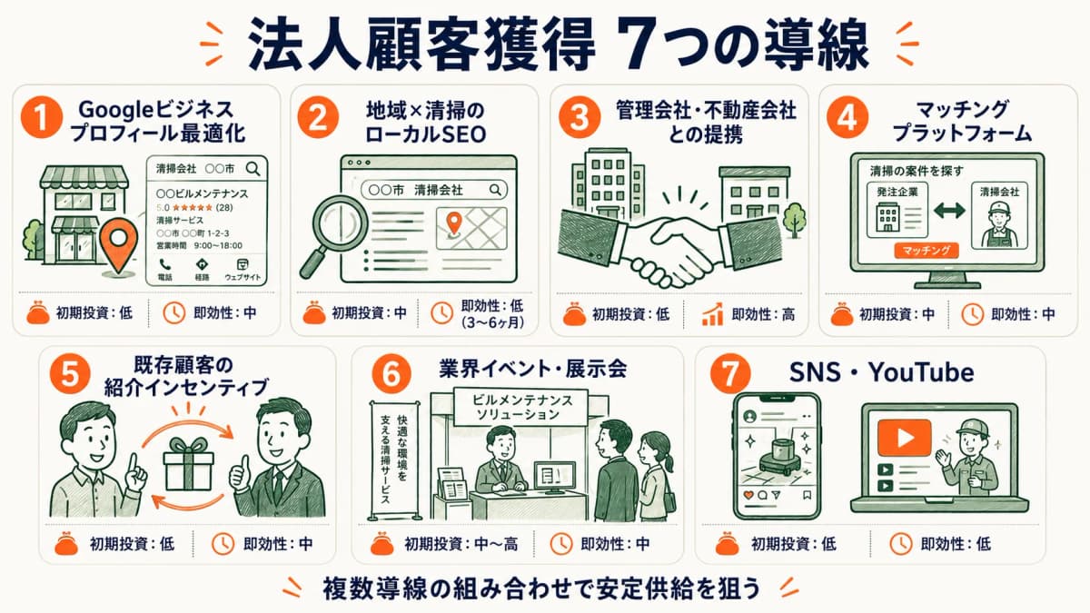 法人案件を獲得する7つの営業導線を並べた図