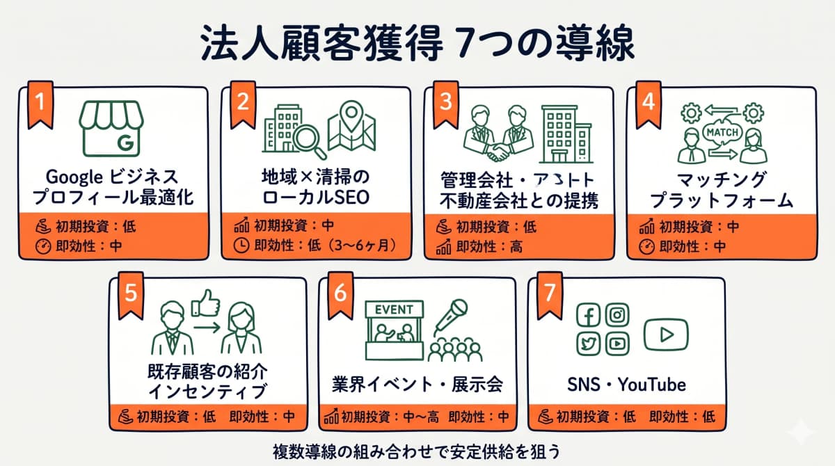 法人案件を獲得する7つの営業導線を並べた図