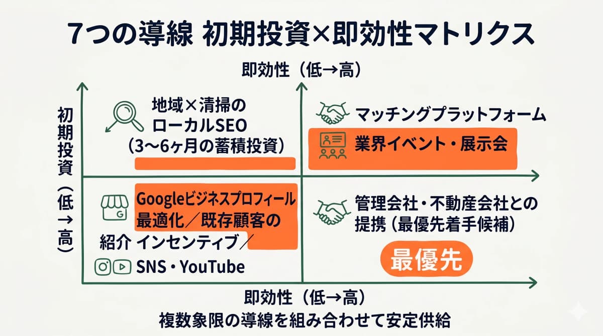 7つの導線を初期投資×即効性マトリクスで配置