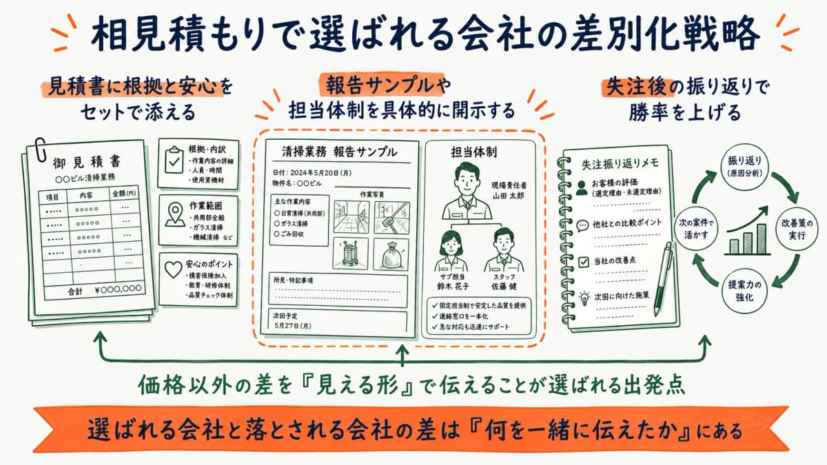 清掃の相見積もりで価格以外の価値で選ばれるための差別化戦略の全体像を示す図
