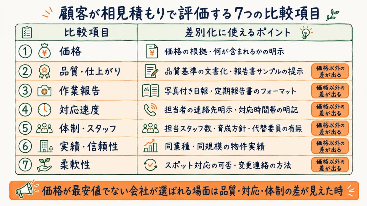 清掃の相見積もりで顧客が実際に評価する7つの比較項目を整理した図