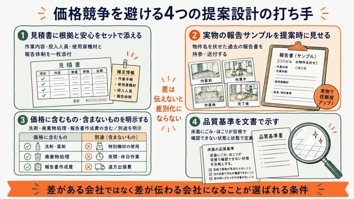 価格競争を避けるために提案設計で実行できる4つの打ち手を示す図