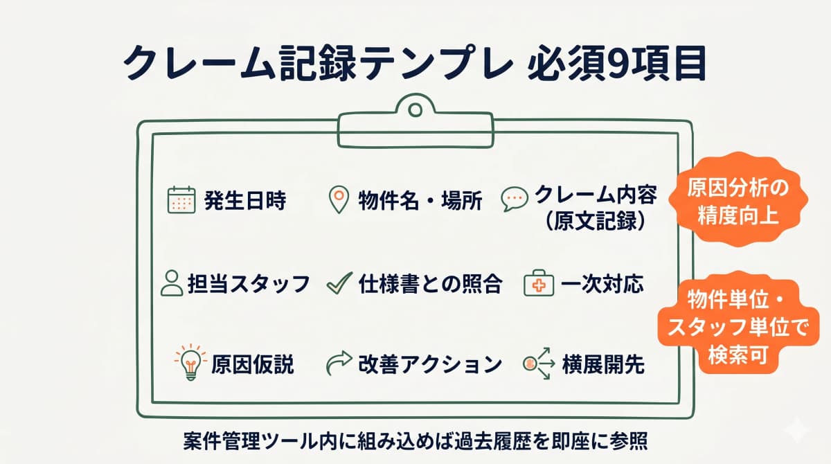 クレーム記録テンプレート必須9項目の構造と原因分析への寄与を示す図