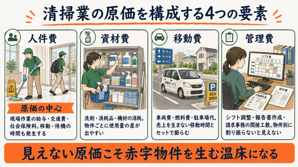 清掃業の原価4要素の構成を示す図