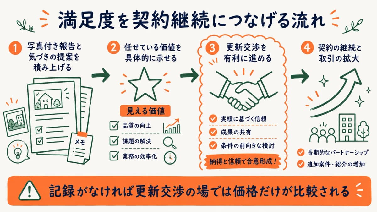 顧客満足度が契約継続につながる流れを示す図
