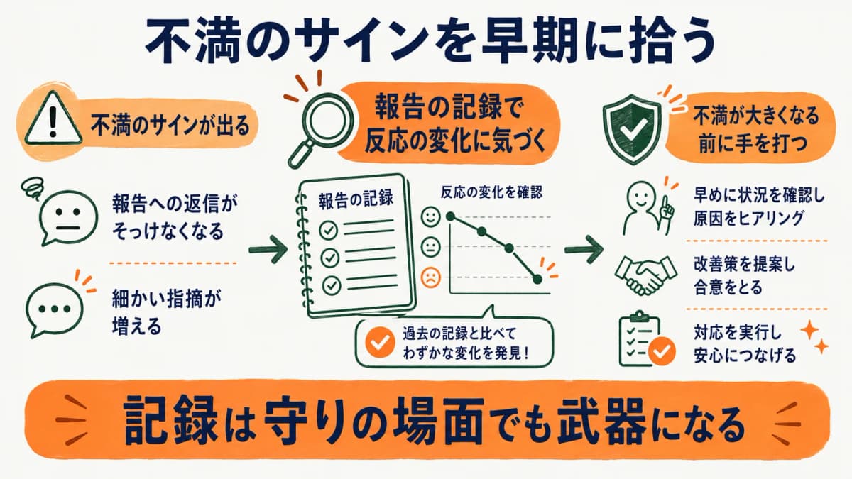 報告への反応から不満のサインを拾う流れを示す図